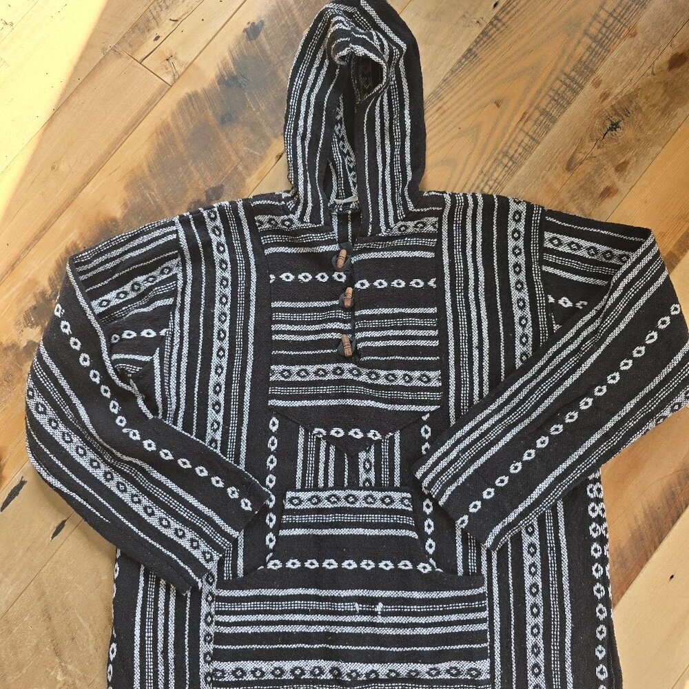 Black and White Gheri Cotton Baja Pullover Hoodie Size Large - Picture 3 of 7